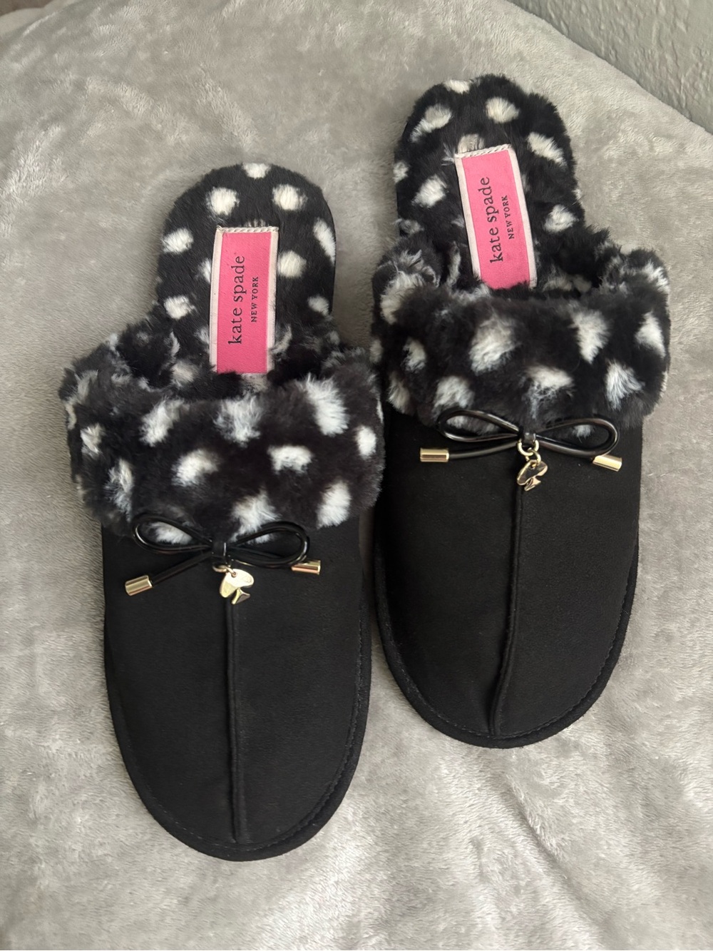 kate spade Black Faux-Fur Trim Bow Slip-On Slippers